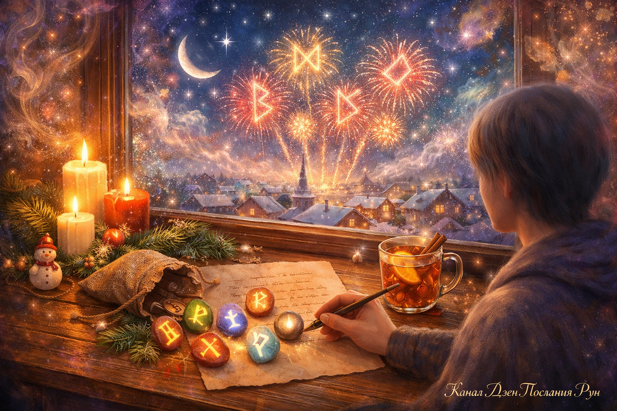 Новогодний алтарь с рунами и списком желаний на 2026 год: мощный символ для практики гадания на рунах, магических ритуалов и работы с намерениями. Сохраните картинку, если чувствуете, что руны зовут вас в новый цикл.