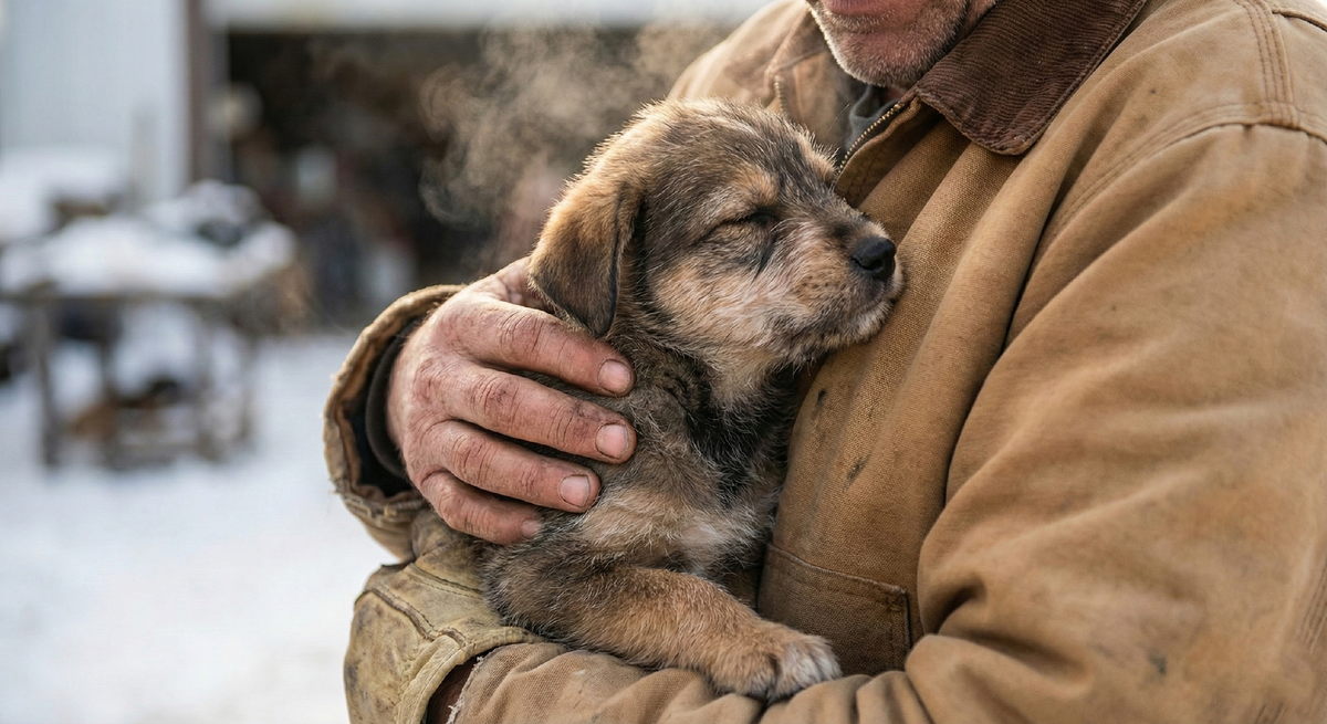 Первое тепло. Щенок замер, боясь спугнуть удачу. Он понял, что этот большой человек в бушлате его не обидит.