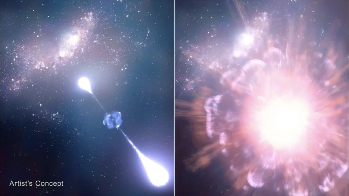    Древний гамма-всплеск (слева), произошедший всего через 730 миллионов лет после Большого взрыва в представлении художника. На изображении справа показана сверхновая, ответственная за гамма-всплеск. / © NASA, ESA, CSA, STScI, Leah Hustak (STScI)