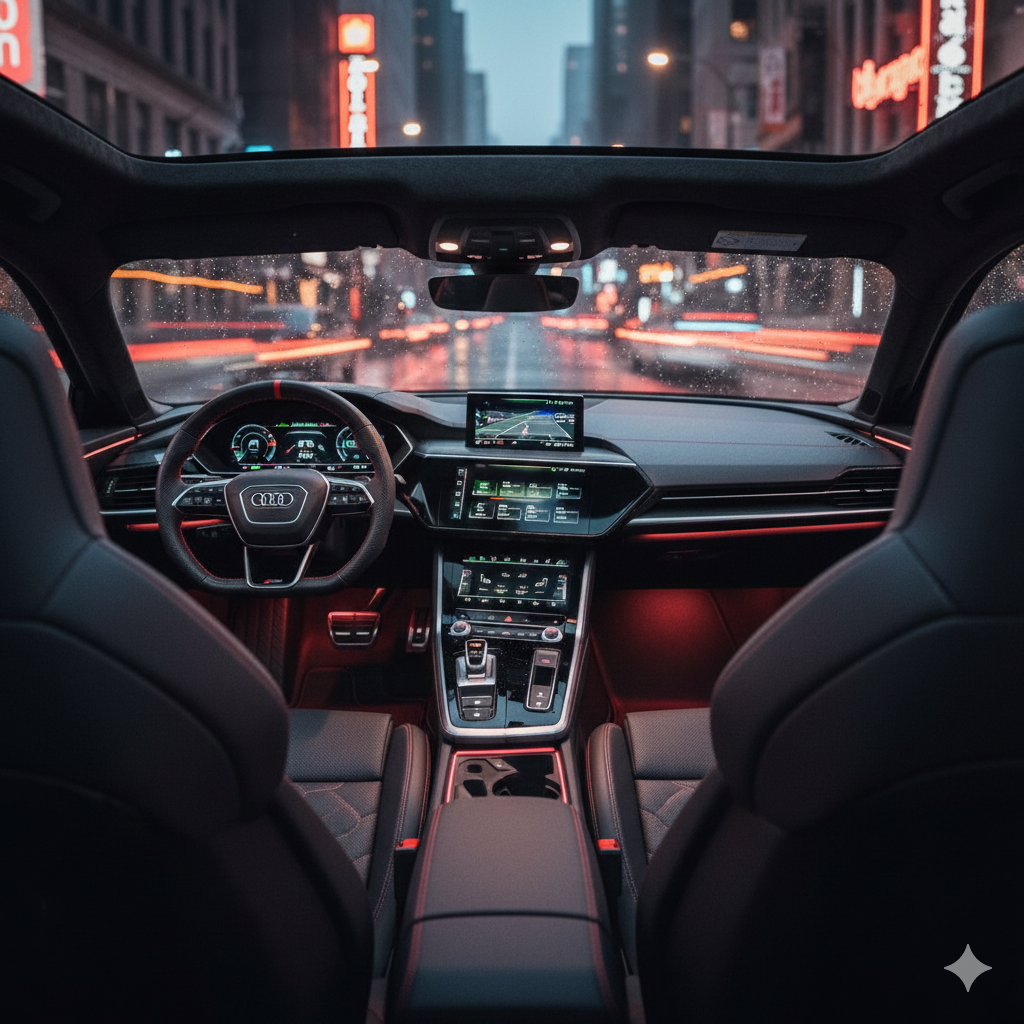 Audi RS e-tron GT — это эстетика будущего: низкий силуэт, мощные линии, агрессивная оптика и идеально сбалансированные пропорции.
Основные фишки:
Полностью электрический привод с системой quattro;
Два электродвигателя (по одному на ось), общая мощность — 646 л.с.;
Разгон 0–100 км/ч за 3,3 секунды;
Батарея 93 кВт·ч, запас хода до 480 км;
Быстрая зарядка 270 кВт (от 5% до 80% за 22 минуты);
Активная аэродинамика и адаптивная пневмоподвеска.
Салон — сочетание премиум-материалов и экотехнологий: перерботанная кожа, алюминий, подсветка и цифровая панель Virtual Cockpit.