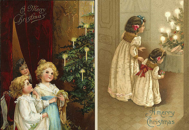 Новогодние открытки с украшенными свечами елками