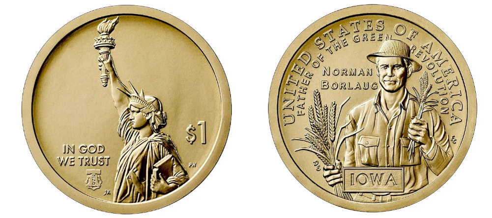    Памятная монета США 2026 года, серия American Innovation, штат Айова, Норман Борлоуг с колосьями пшеницы