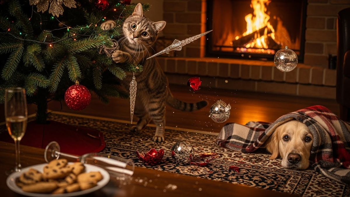 Классическая новогодняя картина в доме с питомцами: один штурмует высоты, второй готовится к апокалипсису. Узнаёте себя?