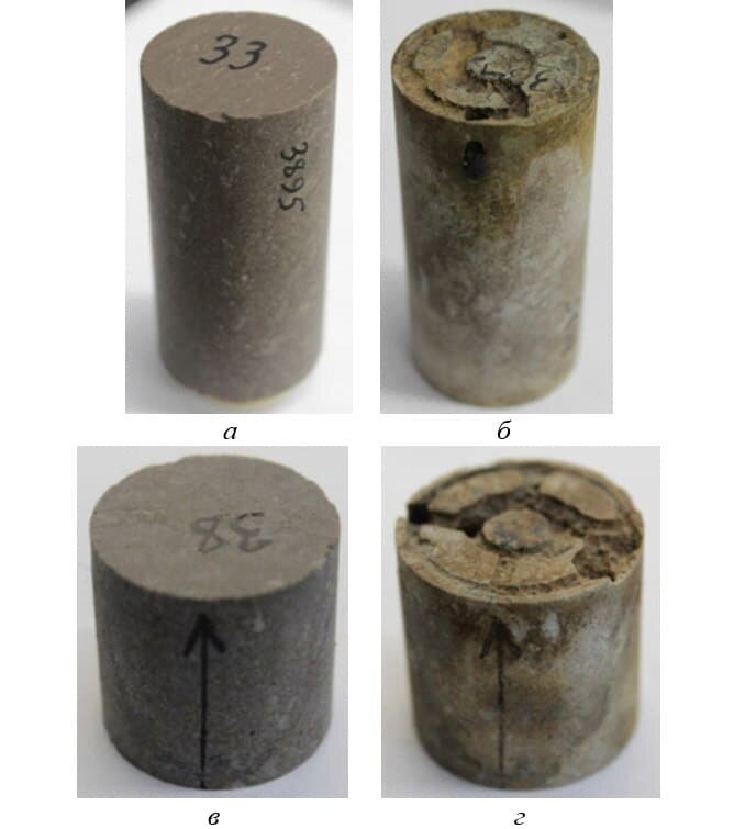    «Длинный» (а, б) и стандартный (в, г) образцы керна до (а, в) и после (б, г) воздействия кислотным реагентом / © Пресс-служба ПНИПУ