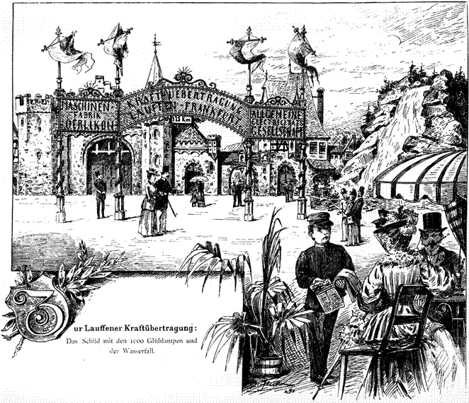 ГЭС в городе Лауфенн вырабатывала электроэнергию, которая передавалась по воздушной трёхфазной ЛЭП, длиной 175 км. Эта линия питала электродвигатель насоса, который подавал воду для искусственного водопада, а также 1000 ламп накаливания