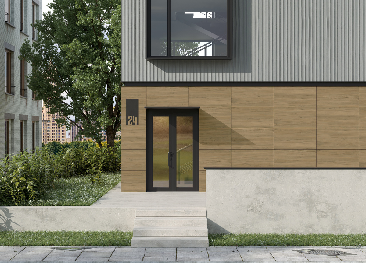 Коллекция керамогранита Alleya от бренда KERRANOVA формата 500х1200 мм на фасаде здания