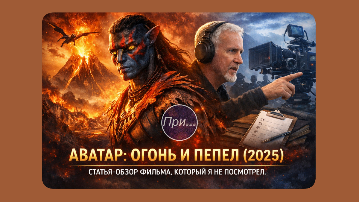 Титульный коллаж к статье Олега Лубски
«Аватар: Огонь и пепел (2025), статья-обзор фильма, который я не посмотрел»
© авторы коллажа — ChatGPT5.2 & Олег Лубски 2025