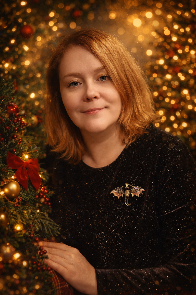 а это селфи с позапрошлого года, поэтому тут дракончик. Надо бы лошадкой озаботиться. Фото передалала в открытку через ИИ)