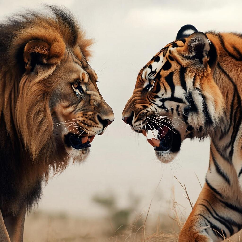 Лицом к лицу: Лев и тигр стоят друг напротив друга, готовые к схватке.