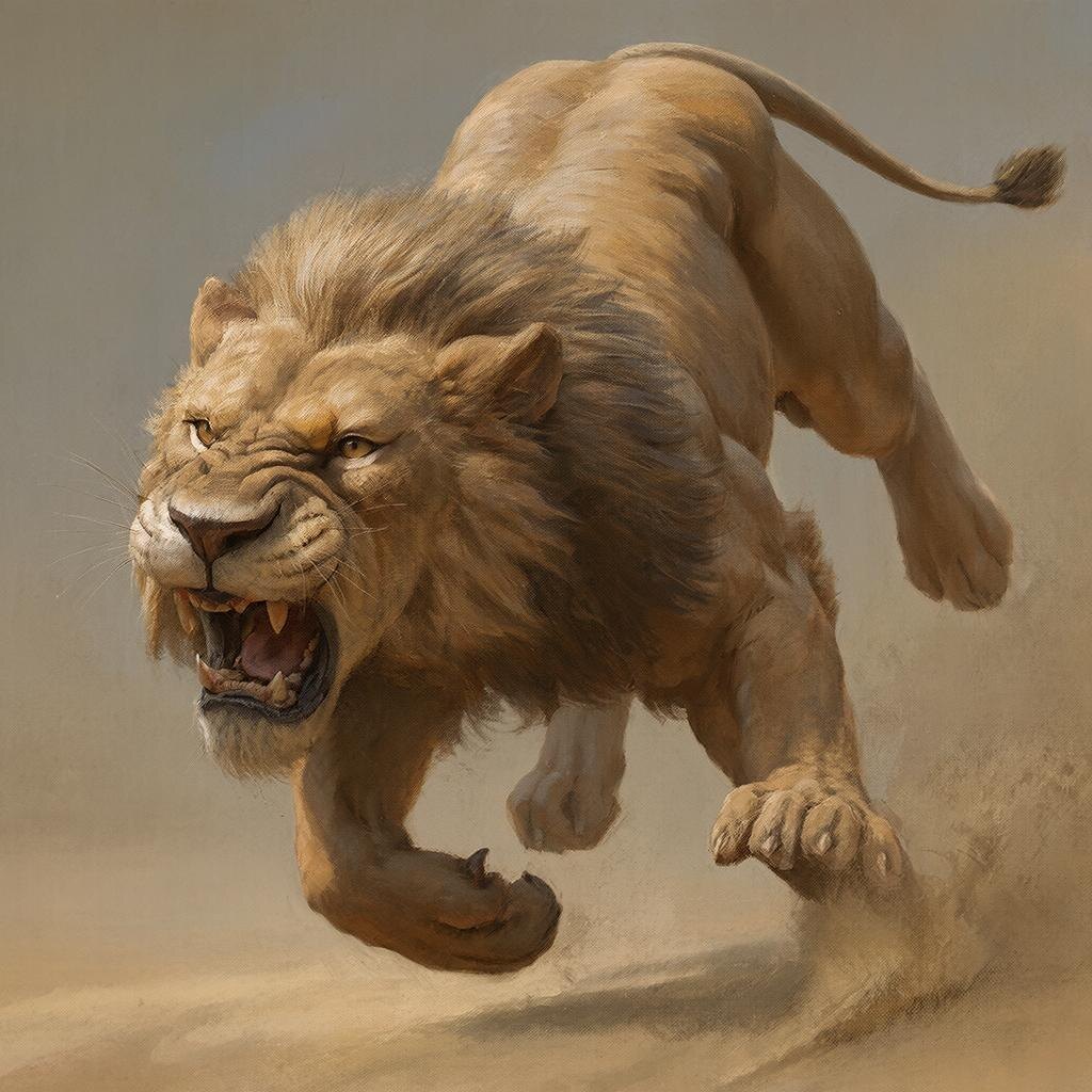 Атака льва: Лев в прыжке атакует тигра.