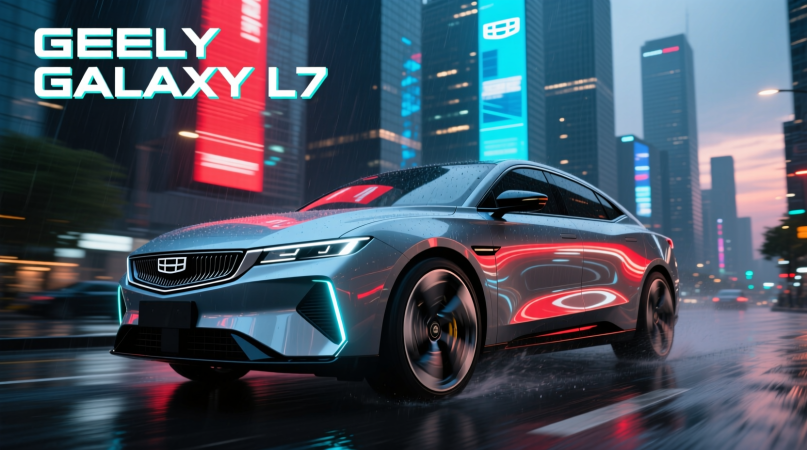 Динамичный боковой профиль Geely Galaxy L7 на фоне современного городского пейзажа. Автомобиль в движении, линии кузова подчеркнуты отражением городских огней. Акцент на стремительный, футуристичный дизайн и большие колёса.
