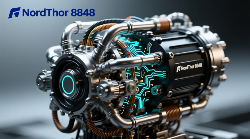 Макросъёмка гибридной силовой установки NordThor 8848. Металл, патрубки, жгуты проводов выглядят как арт-объект. Свет акцентирован на логотипах и ключевых элементах.