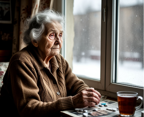 Одинокая женщина смотрит в окно