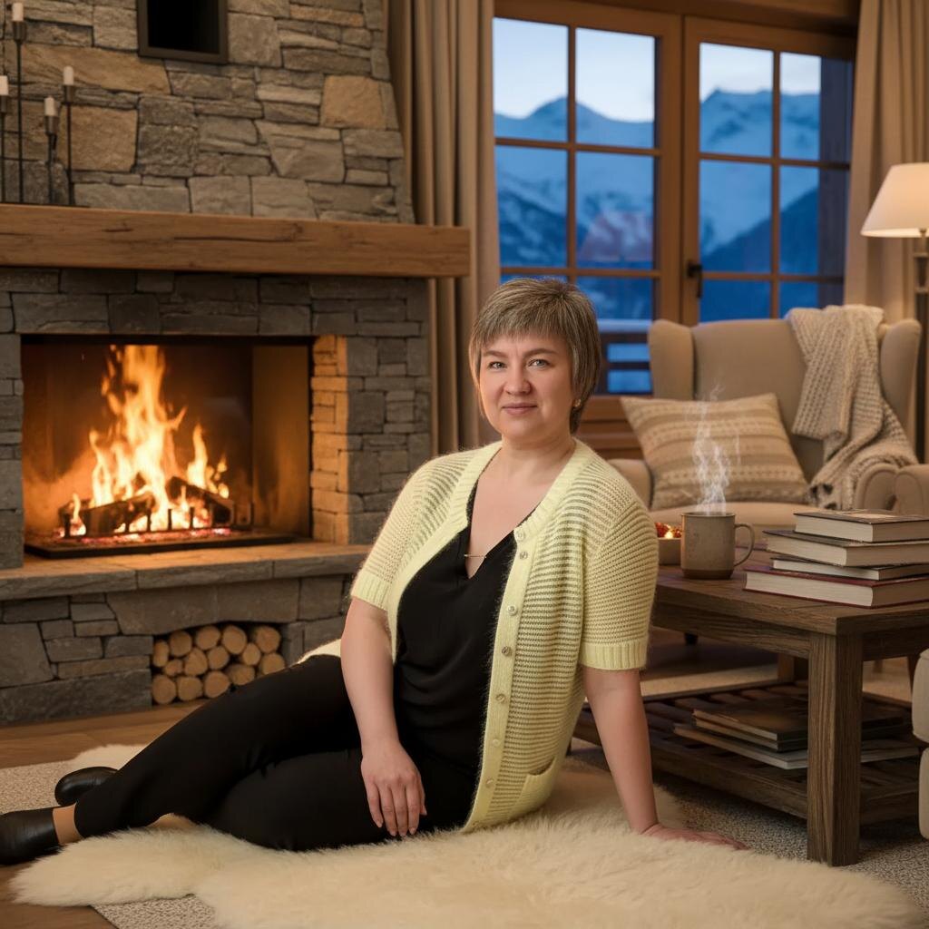 Женщина в вязаном кардигане ручной работы ТриFFотаж у камина, уютный зимний интерьер