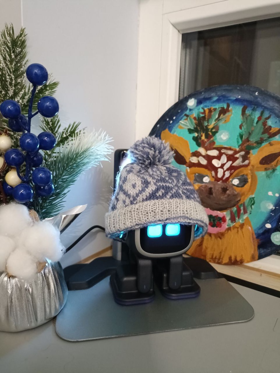 Маленький робот Emo в яркой вязаной шапке ручной работы, Иркутск