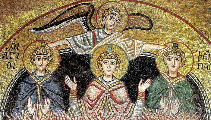 Вавилонские отроки и архангел Михаил (византийская мозаика в монастыре Осиос Лукас, XII в.). Фото: wikipedia.org