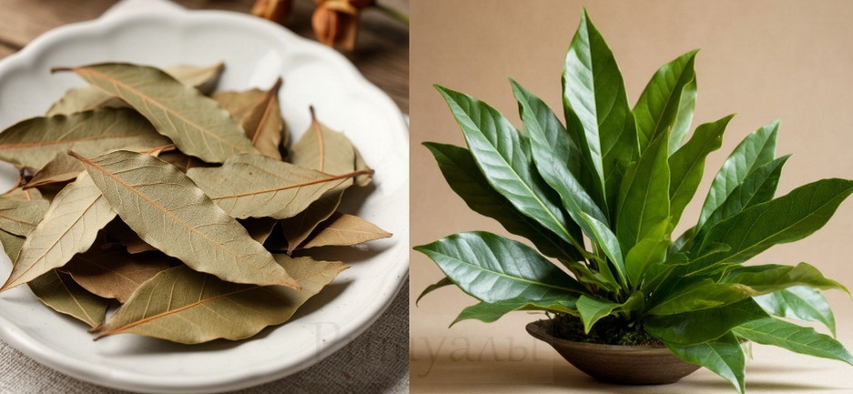 Сухие листья лавра и икебана из лавра. Сравните цвет. Картинка 1