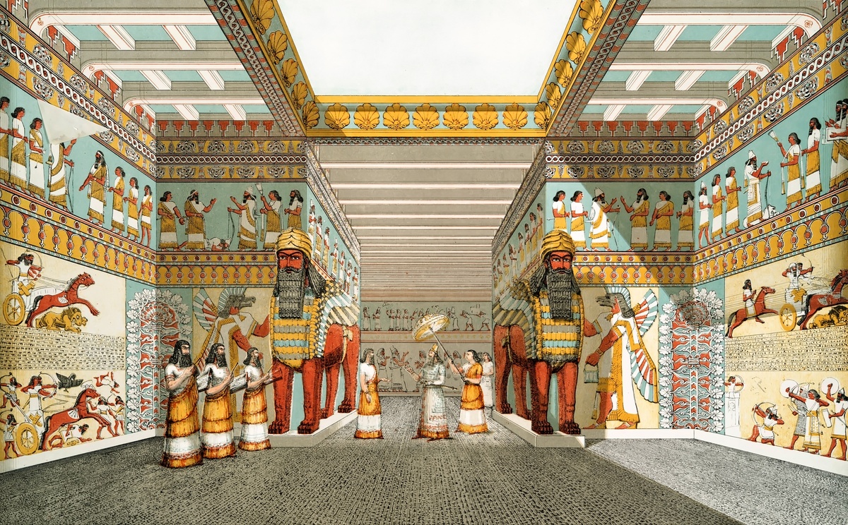 Иллюстрация зала в ассирийском дворце из «Памятников Ниневии» сэра Остина Генри Лейарда, 1853 г.