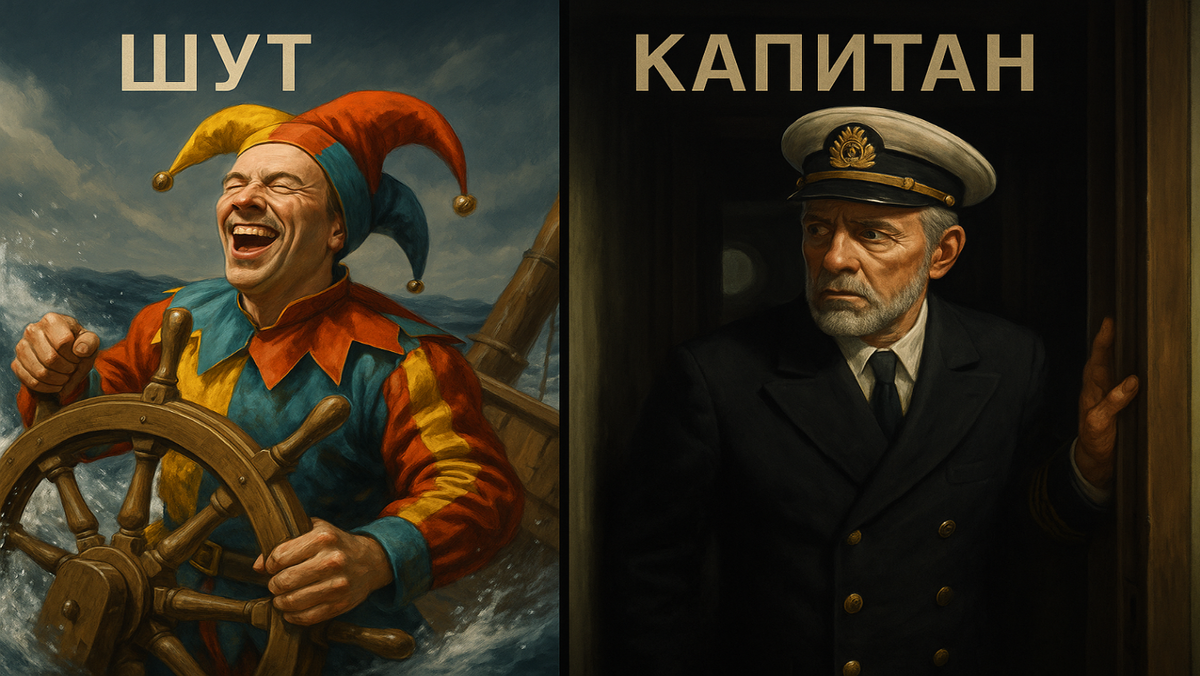 Шут правит кораблём с полной уверенностью, хотя судно уже наклоняется. Капитан стоит в дверях каюты, сомневаясь, хотя он знает, как всё должно быть.