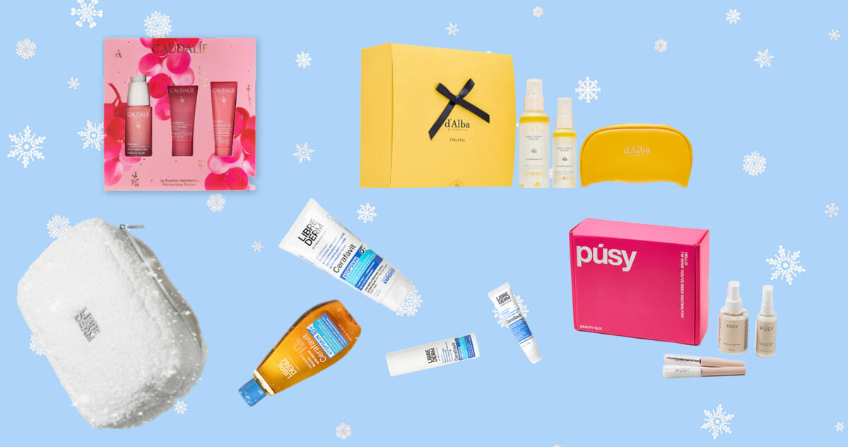    На фото: подарочный набор Cerafavit комбо от Librederm, Подарочный набор CAUDALIE Vinohydra, D’ALBA First Spray Serum Gift Set, PUSY Skincare Set Марта Леви