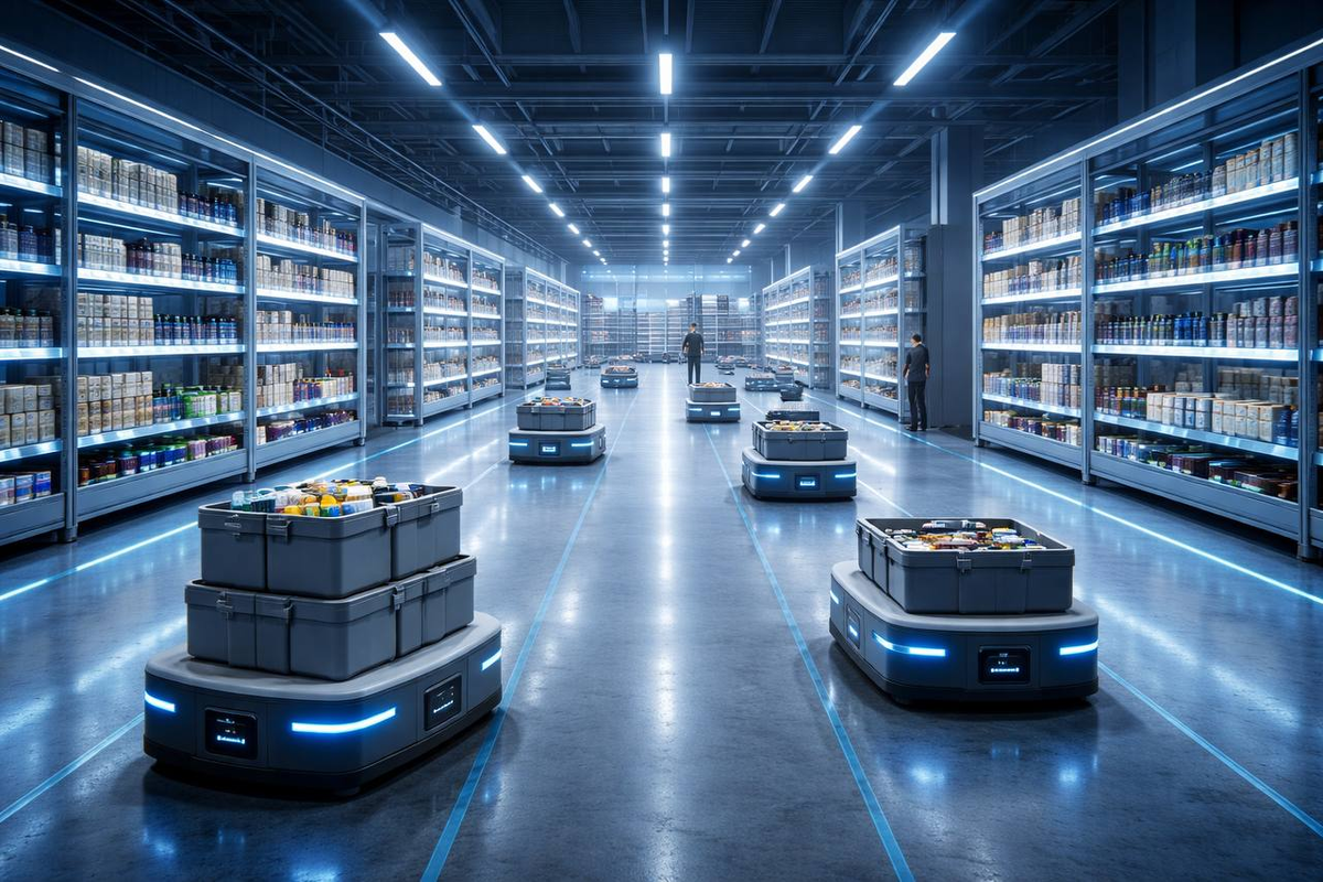 Автоматизированный склад ("даркстор") - новый стандарт логистики складрв Amazon, где товары перемещаются без участия человека.