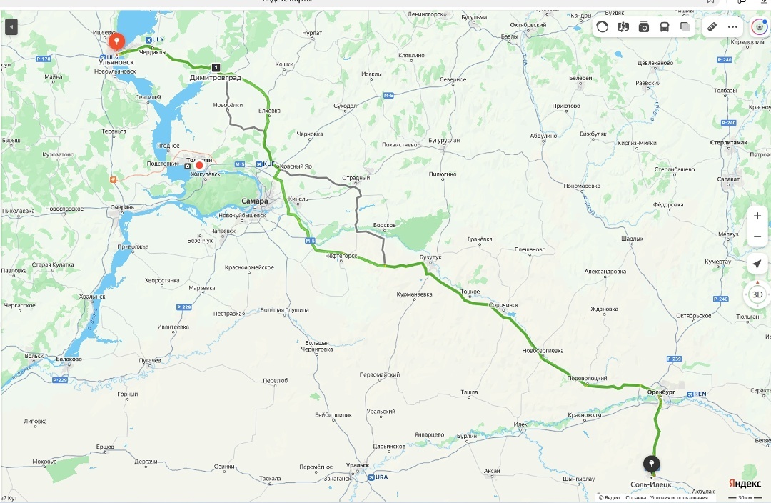 Схема движения автобус в Соль-Илецк из Ульяновска