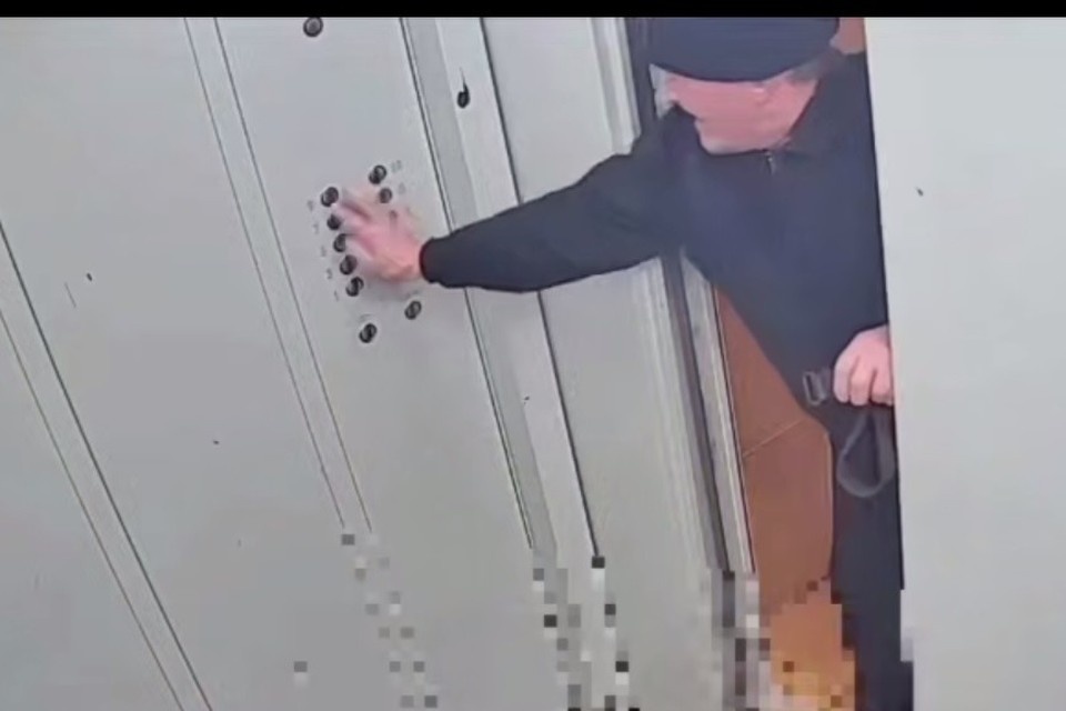    Пожилой мужчина с ремнем в руках отправляет труп на 9 этаж. Фото: Топор 18+