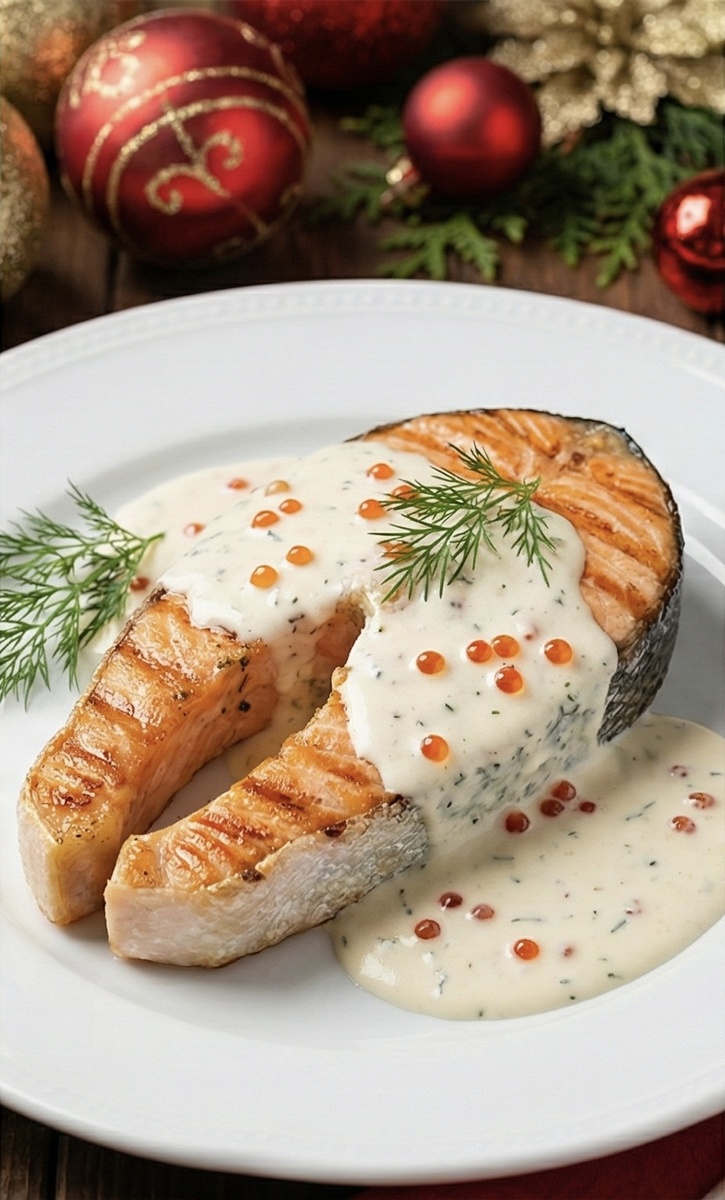 Стейк красной рыбы под белым соусом с икрой