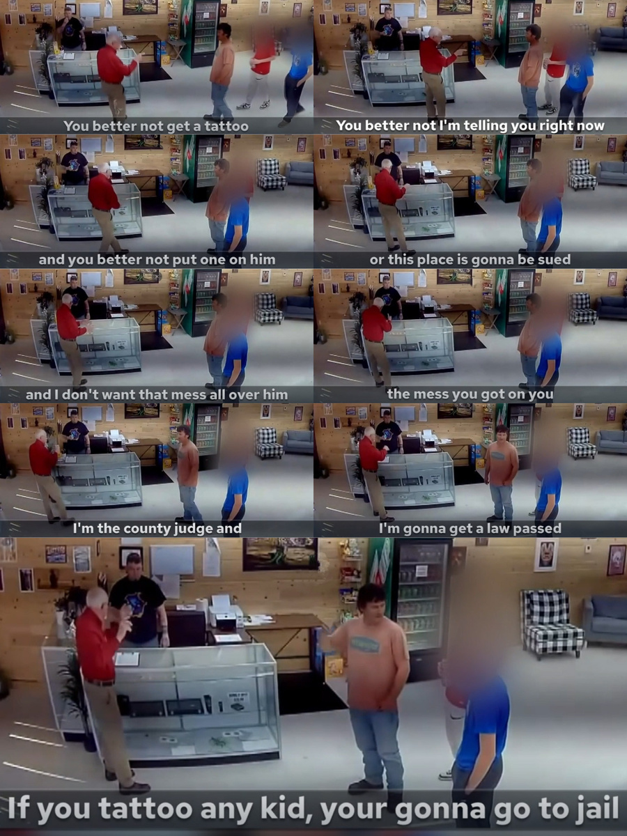 Конфликт обострился, когда Донни Уотсон начал угрожать, явно апеллируя к своему положению, все это зафиксировала камера видеонаблюдения, установленная в студии: «Я не хочу, чтобы мой внук был испачкан этой грязью, как ты», – заявил он, обращаясь к Бруксу. «Это было так, будто он говорил: Я здесь босс, а ты – лишь, тварь дрожащая, не имеющая ни на что права», – вспоминает тату-мастер.  📷
