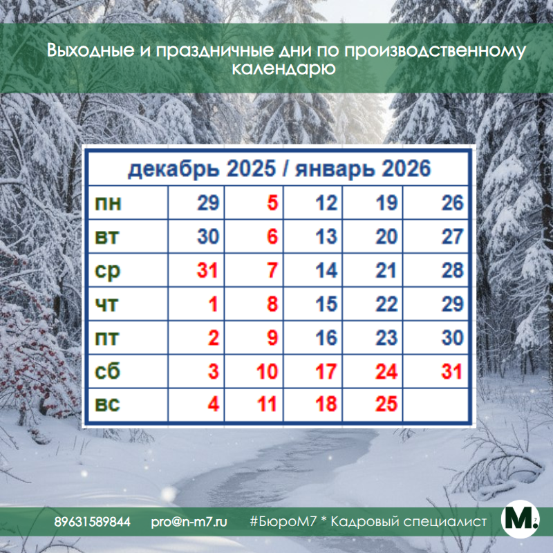 Выходные и праздничные дни по производственному календарю
на январь 2026г.