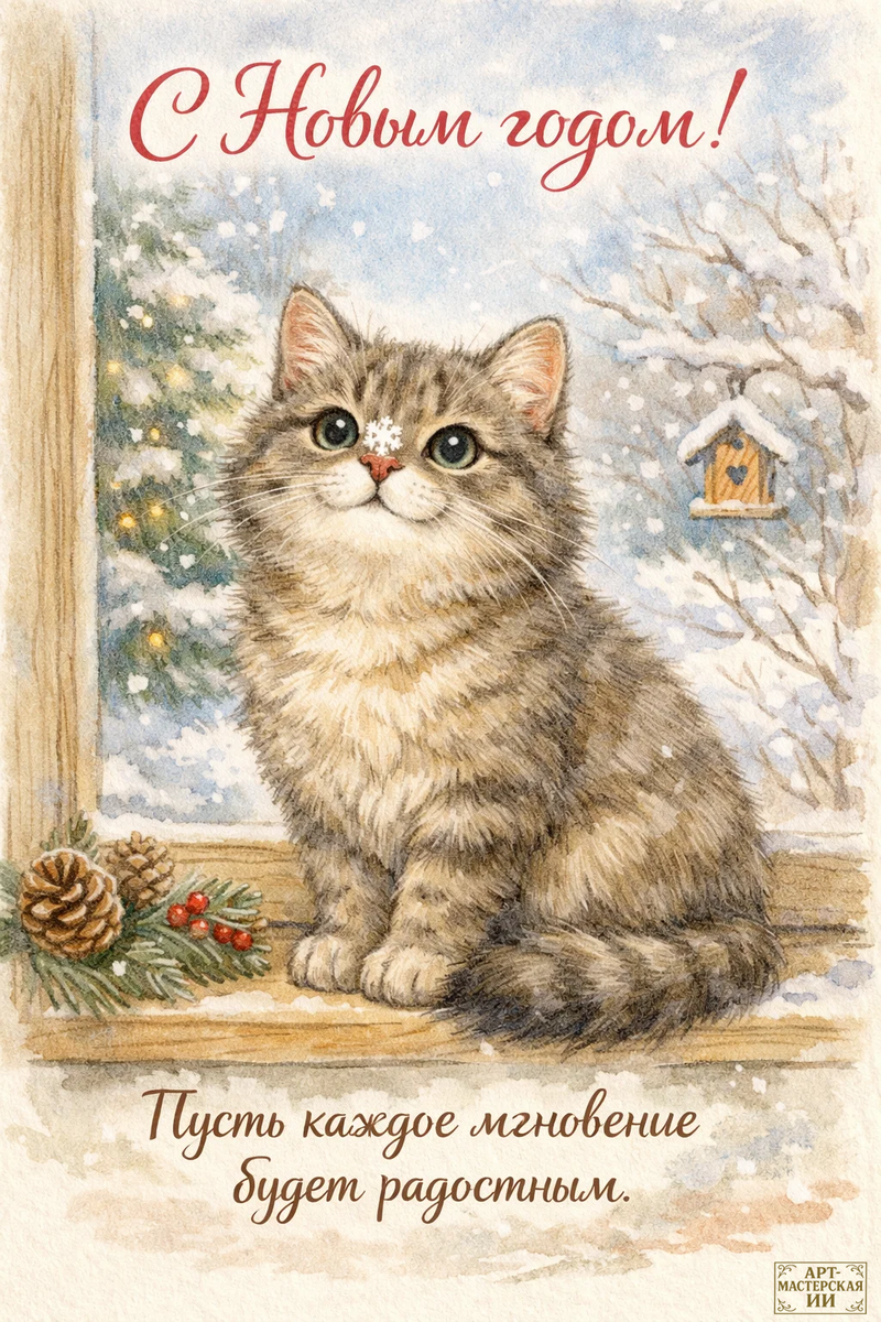 Открытка из серии «С Новым годом» с котиками от АРТ‑мастерской ИИ