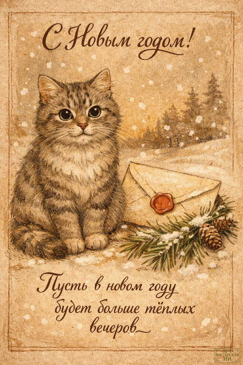 Открытка из серии «С Новым годом» с котиками от АРТ‑мастерской ИИ