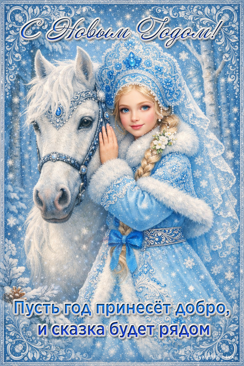 Новогодняя открытка со Снегурочкой и белой лошадью. С Новым годом — пусть год принесёт добро, и сказка будет рядом.