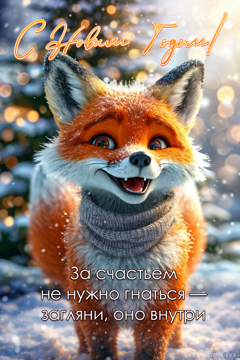Новогодняя открытка с лисичкой, с поздравлением: «За счастьем не нужно гнаться — загляни, оно внутри».