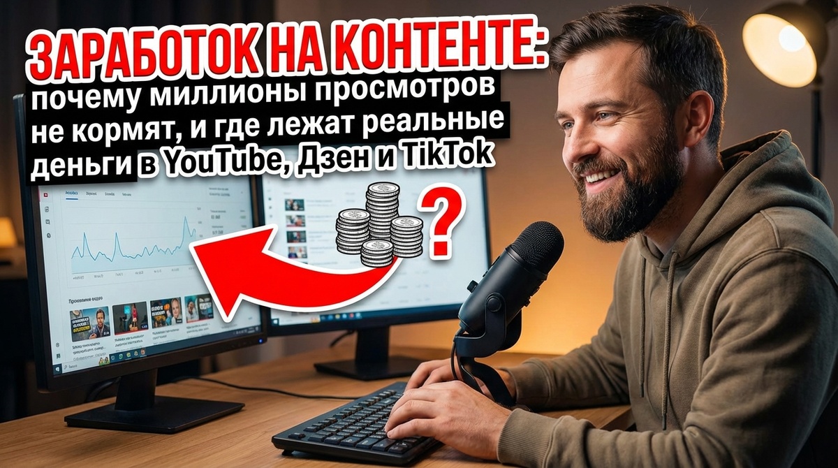 
Заработок на контенте: почему миллионы просмотров не кормят, и где лежат реальные деньги в YouTube, Дзен и TikTok