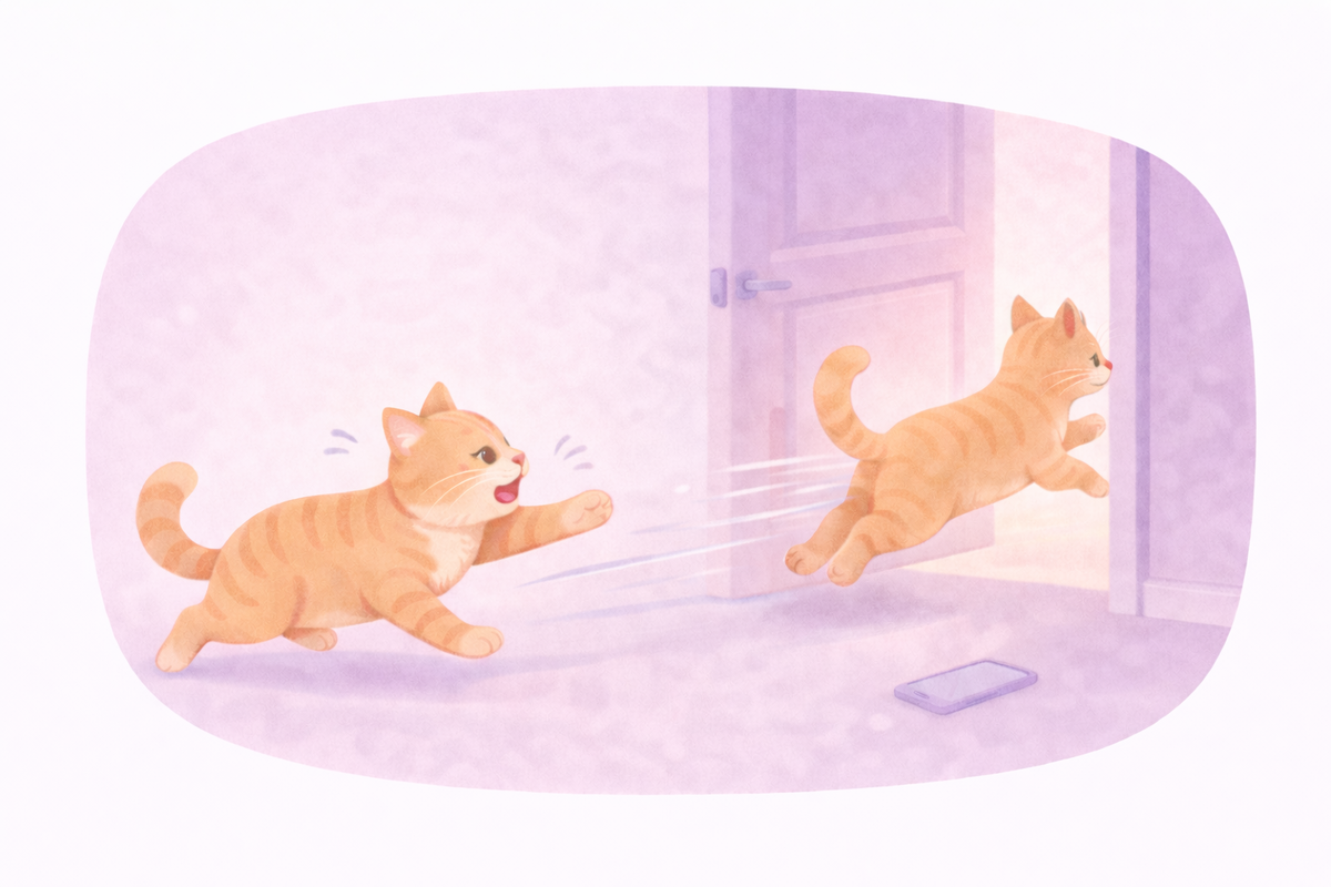 Избегающий Барсик убегает, тревожный Пушок догоняет