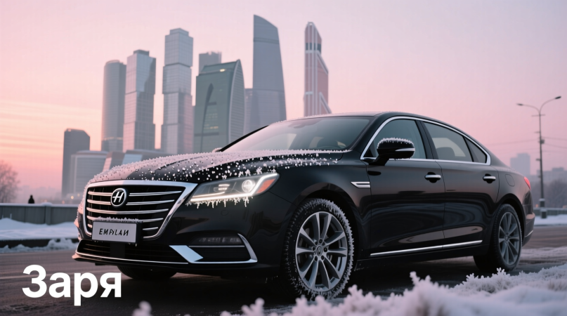 Заря — низкий ракурс. Emgrand в профиль на фоне розово-серого рассвета. Капли инея на фарах. Мягкий свет отражается в лакокрасочном покрытии Cosmos Black. На заднем плане — силуэты высоток Москвы. Никого в кадре. Только машина и город, ещё не проснувшийся.