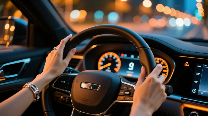 Руки на руле — крупно: женские руки (тонкие, с простым серебряным браслетом, без колец) держат руль в «9 и 3». На заднем плане — размытые огни улицы. В поле зрения — приборка в янтарном ночном режиме: цифры скорости, иконка круиз-контроля. Никаких тревожных предупреждений.