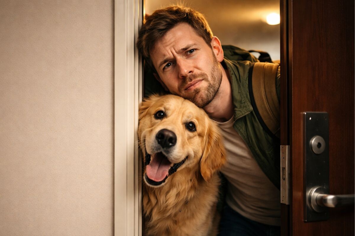 Мужчина с голденом в дверном проёме