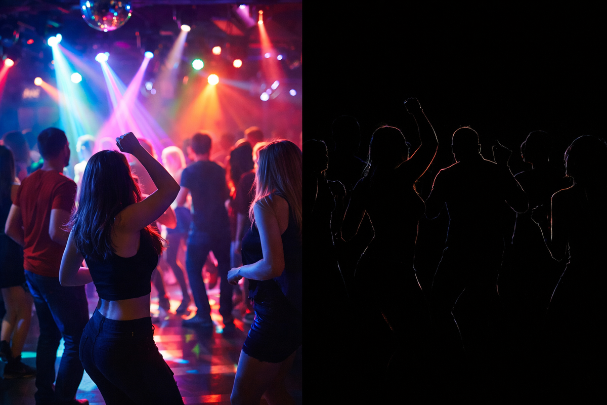 Контрастное изображение: слева — обычный танцпол с неоновыми огнями и людьми, справа — силуэты людей, танцующих в абсолютно темной комнате, подсвеченной только едва заметными контурами.
