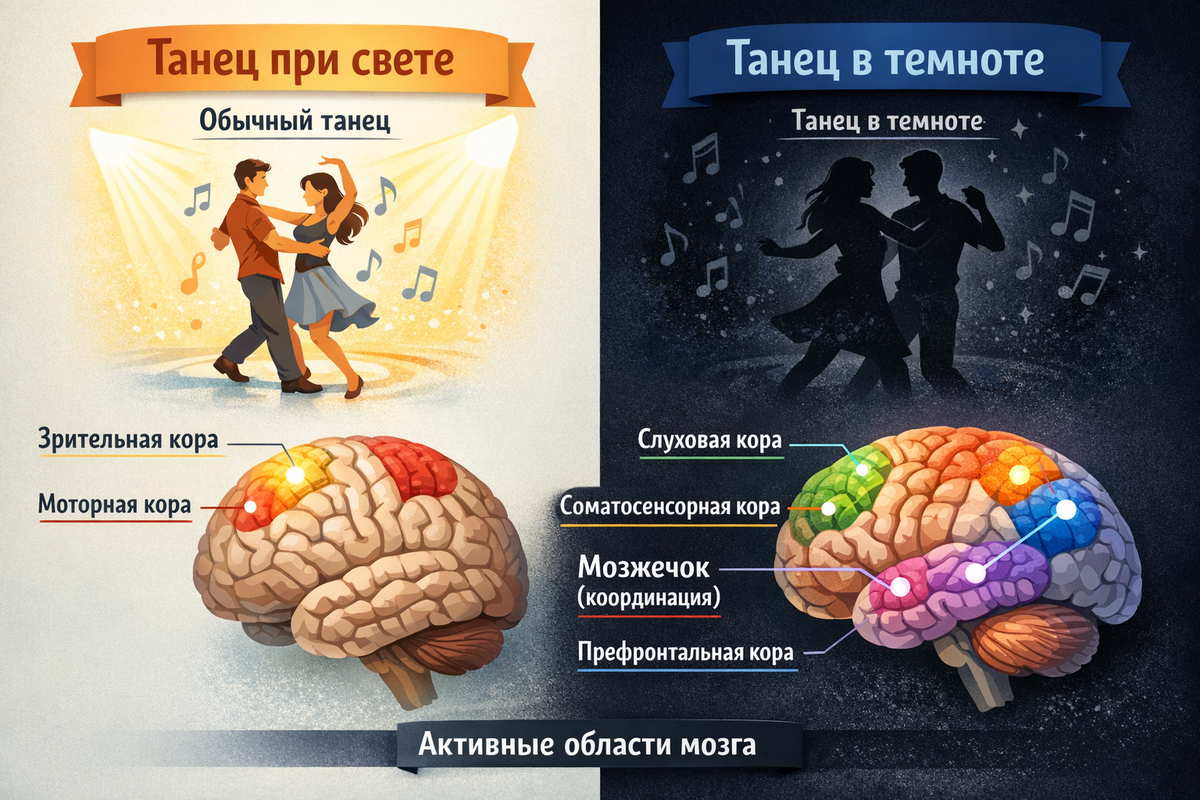 Инфографика, показывающая, какие области мозга активизируются при обычном танце (зрительная кора, моторная кора) и при танце в темноте (слуховая кора, соматосенсорная кора, мозжечок, отвечающий за координацию, и префронтальная кора, связанная с осознанностью).