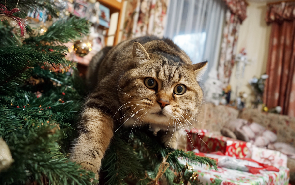 Охотник без маски: Что на самом деле видит кот в новогодней ёлке / Изображение: AlphaPet