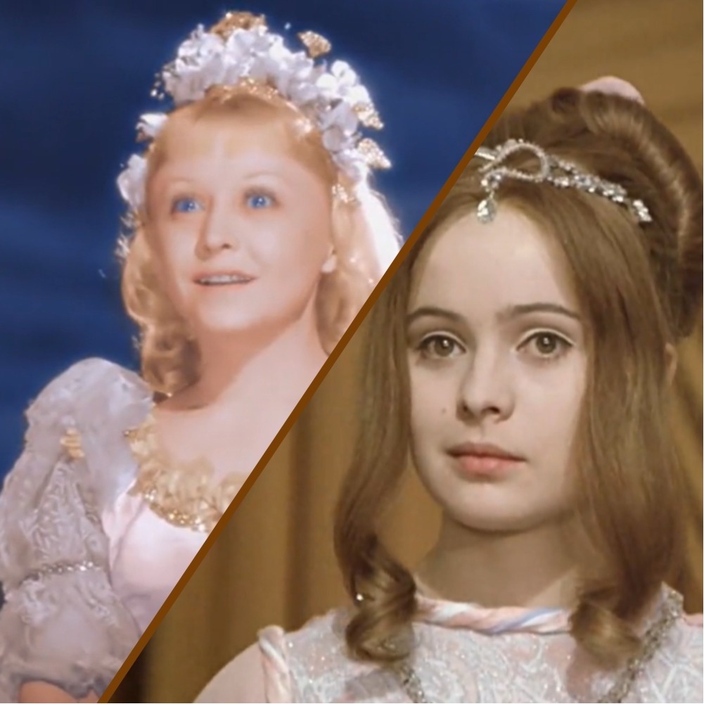 Кадр из фильма-сказки «Золушка» (1947 год, реж. Н. Кошеверова и М. Шапиро). Кадр из фильма-сказки «Три орешка для Золушки» (1973 год, реж. Вацлав Ворличек). Коллаж автора.