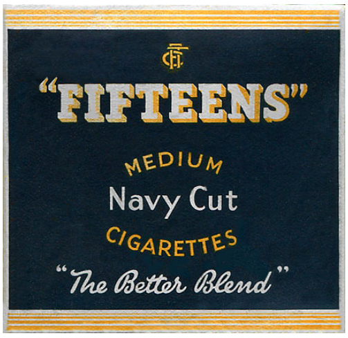 "Fifteens" Medium Navy Cut. Великобритания, 1940-е годы. 20 штук в выдвижной коробке и в целлофане. Производитель: Fifteens Tobacco Co. Ltd. Владелец торговой марки: Fifteens Tobacco Co. Ltd.