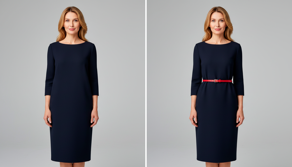 Видите разницу? Слева — платье без акцента, фигура теряется. Справа — тонкий ремень на талии, и силуэт сразу проявился! Один аксессуар, а эффект потрясающий. Попробуйте прямо сейчас с тем платьем, которое висит у вас в шкафу.