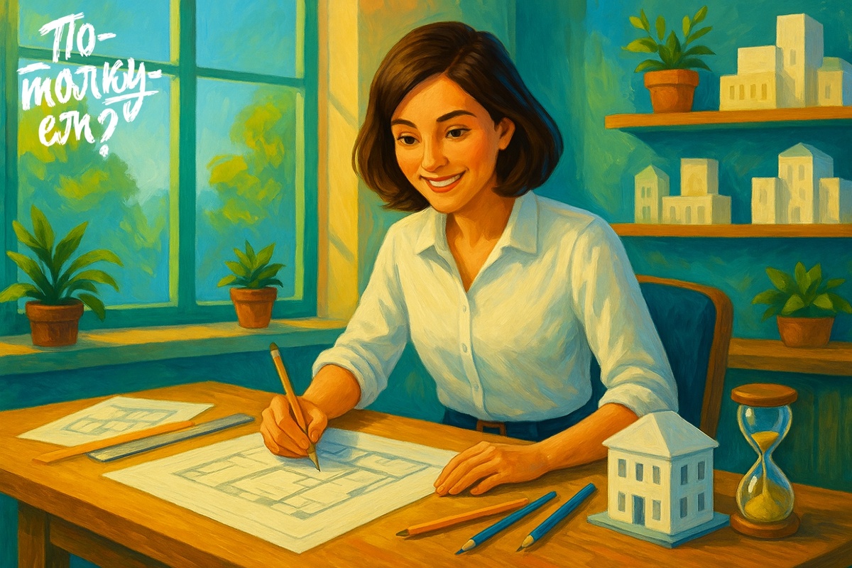 Молодая женщина архитектор за рабочим столом в светлой студии