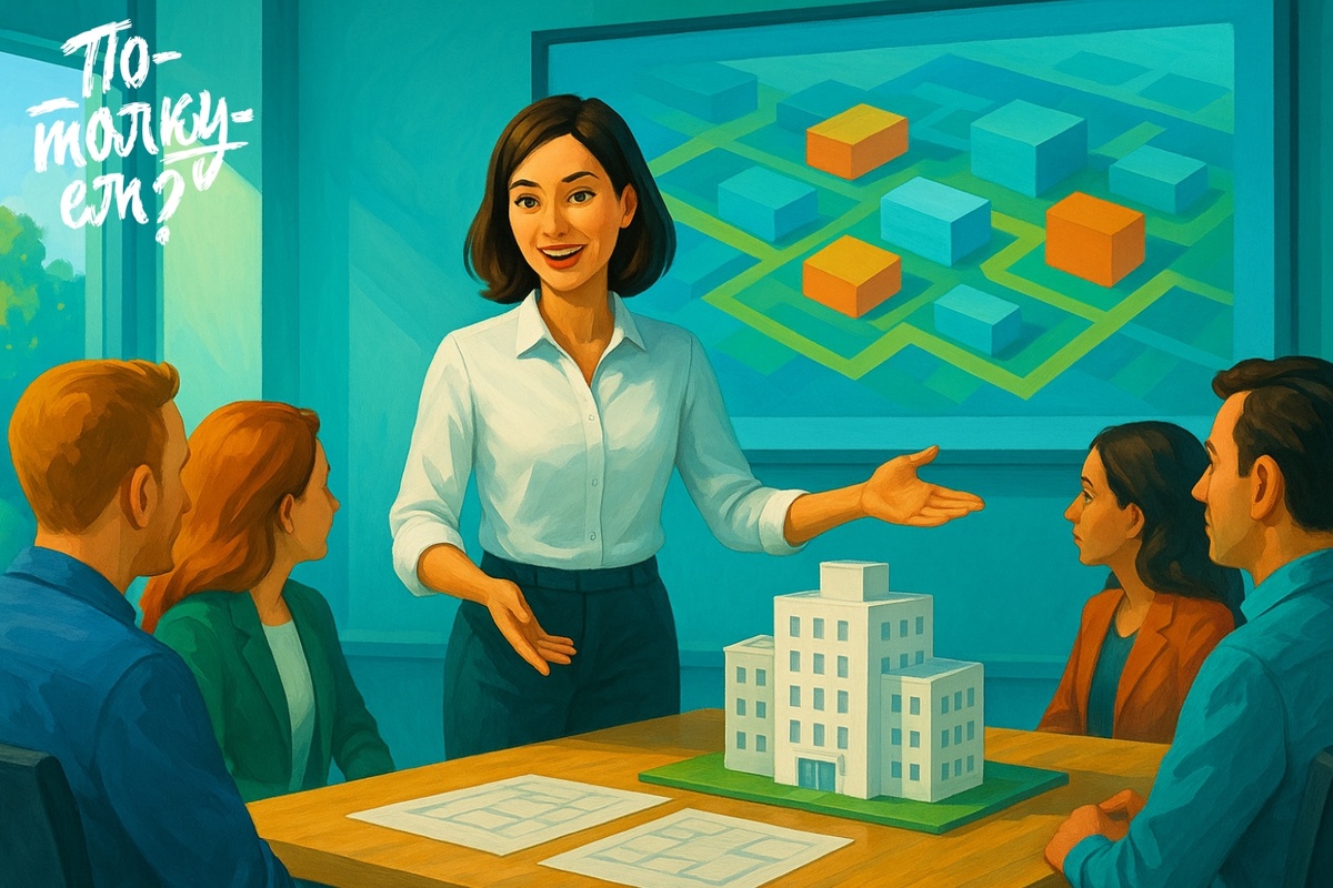 Молодая женщина презентует макет здания в переговорной комнате