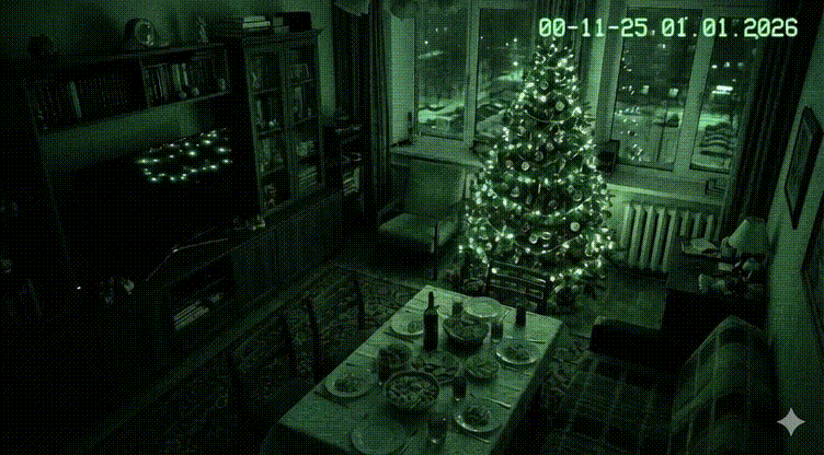 Это GIF. Звука нет. По кадру: четко! Подарок - на стул, т.к. под елкой места нет))) Ну и "Дед" какой-то больше Санта... 