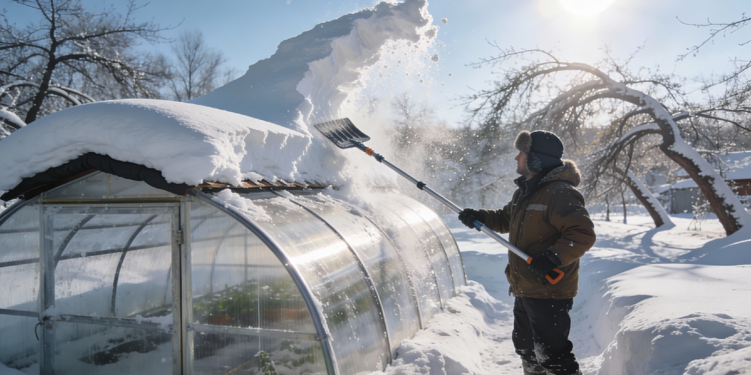 «Снег — это не только красиво, но и тяжело!» 3 января едем на дачу: спасаем теплицу и деревья (инструкция для ленивых)