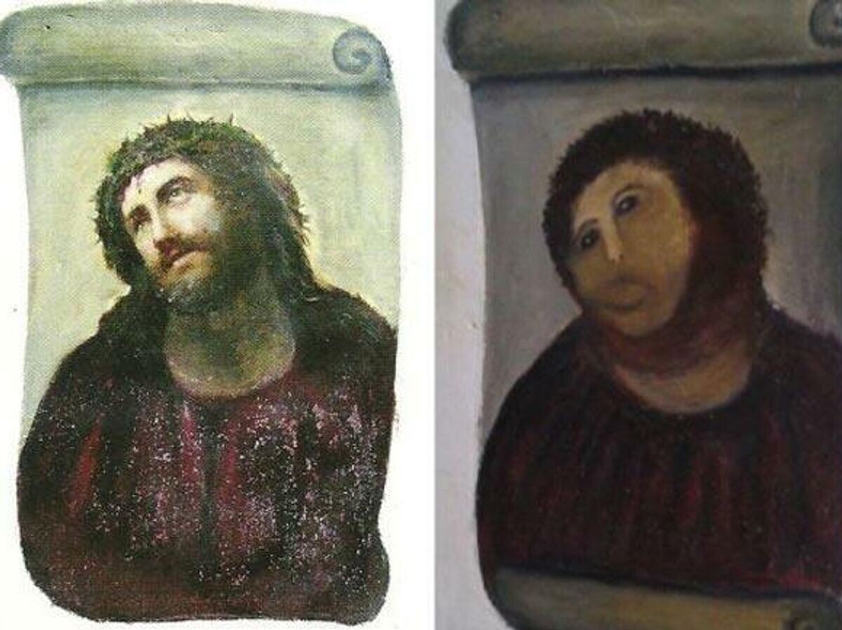    Фреска Ecce Homo до и после любительской реставрации | © Public Domain